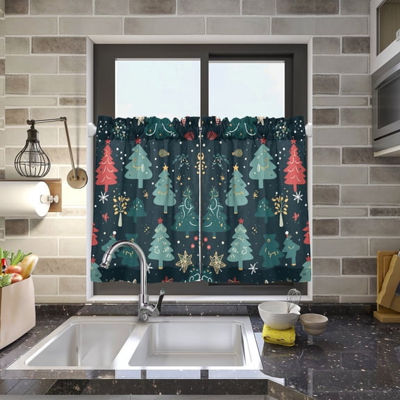 Christmas Trees Green Kitchen Curtains Half Tier Curtain 2 Rod Pockets Bathroom Bedroom Cupborad Living Room 27"x24"