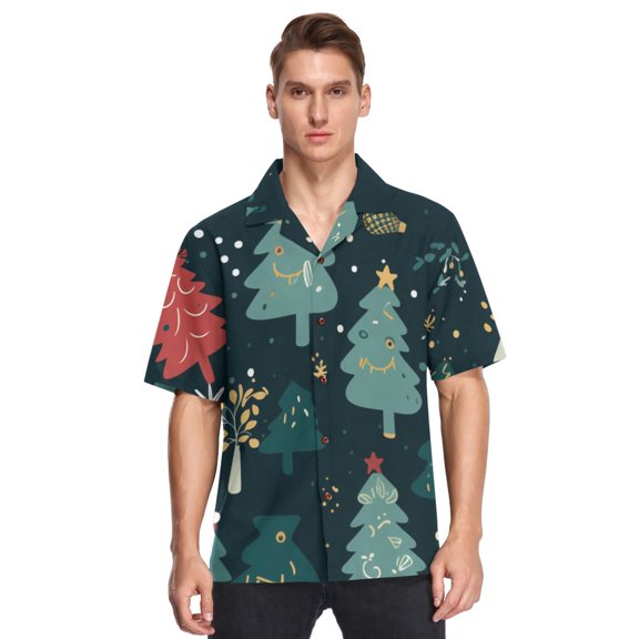 Christmas Trees Green Men's Hawaiian Wrinkle Free Button Down Short Sleeve Shirt Casual Shirts Beach Shirts
