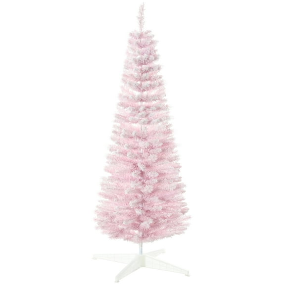 Christmas Trees HOMCOM 5' Snow Flocked Artificial Pencil Christmas Tree, Slim Xmas Tree with Realistic Branches and Plastic Base Stand for Indoor Decoration, Pink,Artificial Christmas Trees