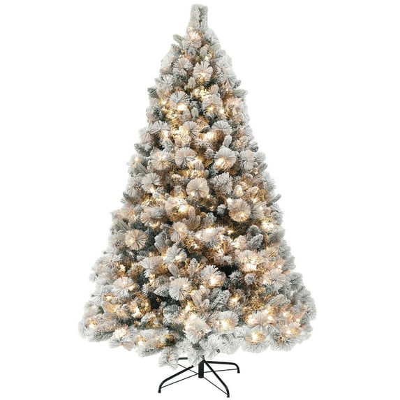 Christmas Trees HOMCOM 6.5 ft Pre-Lit Artificial Christmas Tree with 350 Clear Lights and 1107 Tips, Snow Flocked Christmas Tree with Metal Stand, Hinged Xmas Tree for Home Office Holiday, Green,Arti