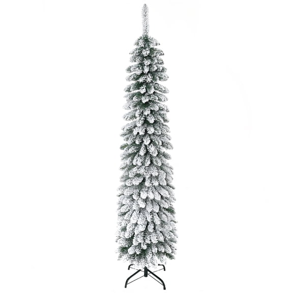 Christmas Trees HOMCOM 6' Tall Unlit Snow Flocked Artificial Christmas Tree, Slim Pencil Xmas Tree with Realistic Branches and 395 Tips, Green,Artificial Christmas Trees