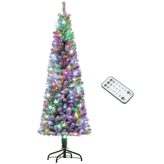 Christmas Trees HOMCOM 6 ft Pre-Lit Pencil Christmas Tree, Artificial Christmas Tree with 170 Dual Color LED Lights and 429 Branch Tips, Flocked Xmas Tree with Metal Stand for Holiday Party, Green,Ar