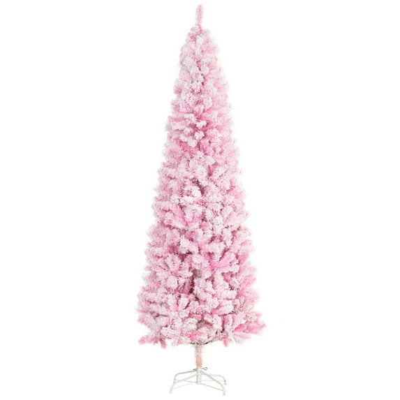 Christmas Trees HOMCOM 7.5' Tall Unlit Snow Flocked Artificial Christmas Tree Slim Pencil Xmas Tree with Pine Shape and Realistic Branches, Pink,Artificial Christmas Trees