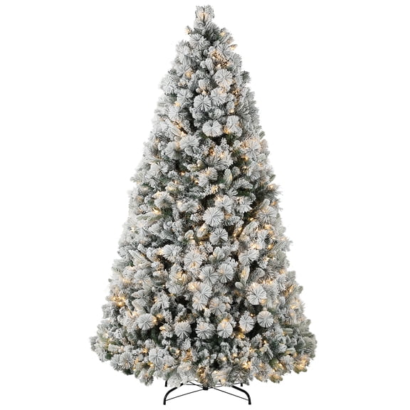 Christmas Trees HOMCOM 7.5 ft Pre-Lit Artificial Christmas Tree with 500 Clear Lights and 1530 Tips, Snow Flocked Christmas Tree with Metal Stand, Hinged Xmas Tree for Home Office Holiday, Green,Arti