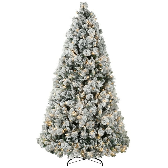 Christmas Trees HOMCOM 7.5 ft Pre-Lit Artificial Christmas Tree with 500 Clear Lights and 1530 Tips, Snow Flocked Christmas Tree with Metal Stand, Hinged Xmas Tree for Home Office Holiday, Green,Arti