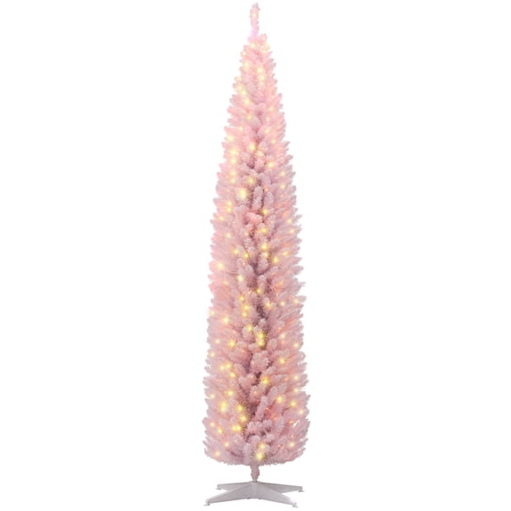 Christmas Trees HOMCOM 8' Tall Pre-Lit Slim Noble Fir Artificial Christmas Tree with 300 Warm White LED Lights and 618 Tips, for Christmas Decoration, Pink,Artificial Christmas Trees