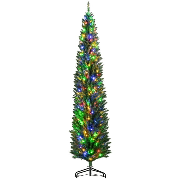 Christmas Trees HOMCOM 8ft Tall Pencil Prelit Artificial Christmas Tree Holiday Décor with 668 Branches, 250 Colorful LED Lights, Steel Base, Green,Artificial Christmas Trees