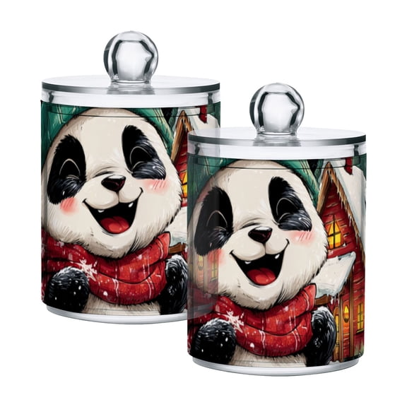 Christmas Trees Happy Cute Panda Translucent Plastic Cans Storage Canisters with Lid Set of 2