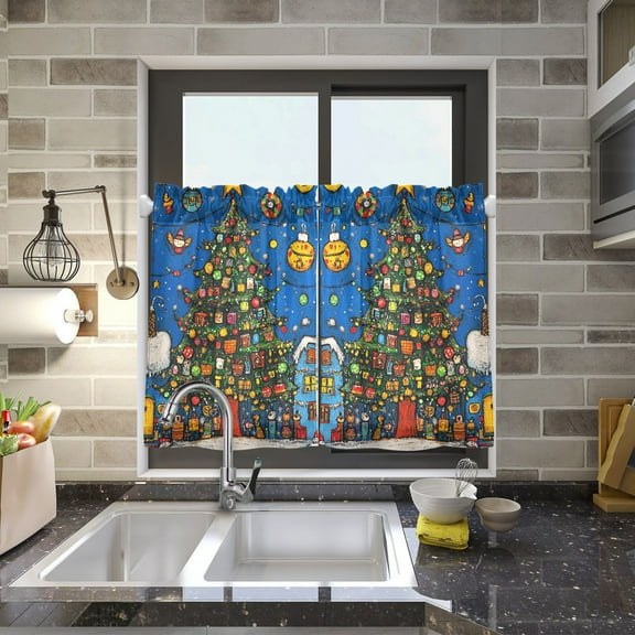 Christmas Trees Houses Kitchen Curtains Half Tier Curtain 2 Rod Pockets Bathroom Bedroom Cupborad Living Room 27"x24"