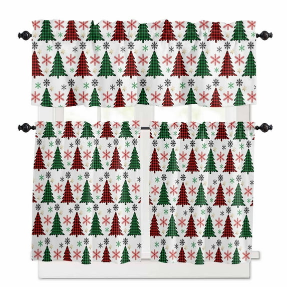 Christmas Trees Kitchen Curtains and Valances Set, Red Green Black Plaid Snowflakes Rod Pocket Window Valance 18 Inch Window Curtain Panels for Living Room Bedroom Laundry, 27.5x36in, 3 Pieces