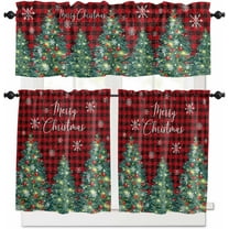 Christmas Trees Kitchen Curtains and Valances Set, Rod Pocket Curtains Tier Farmhouse Window Curtains 36 Inch Length, Snowflake Red Black Buffalo Plaid Xmas 3 Piece Kitchen Curtains Set