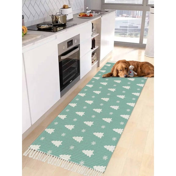 Christmas Trees Kitchen Runner Rug 2x4 Bedside Rug with Tassel Cotton Woven Throw Rugs Washable Hallway Runner Rugs Xmas Snowflakes Winter Pine Tree Green Floor Carpet for Bedroom Bathroom