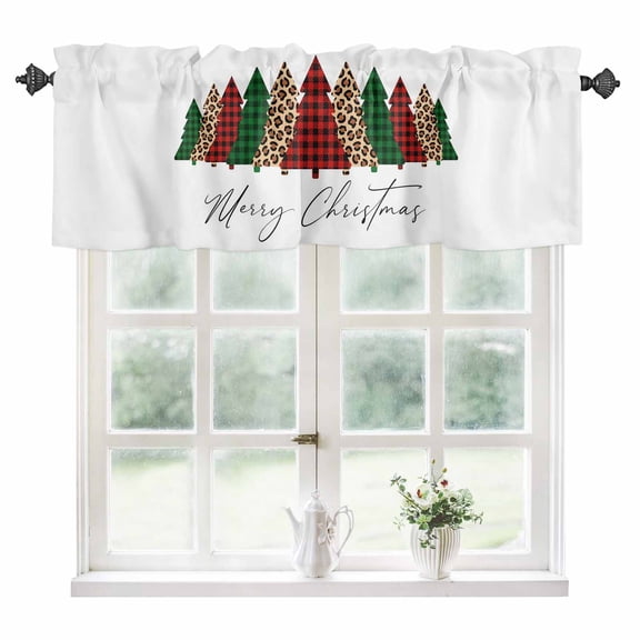 Christmas Trees Kitchen Valances for Windows 60x18 Inch Kitchen Curtains Valances Rod Pocket Xmas Winter Leopard Printed Plaid Pine Bathroom Window Valances for Window Treatment Decor