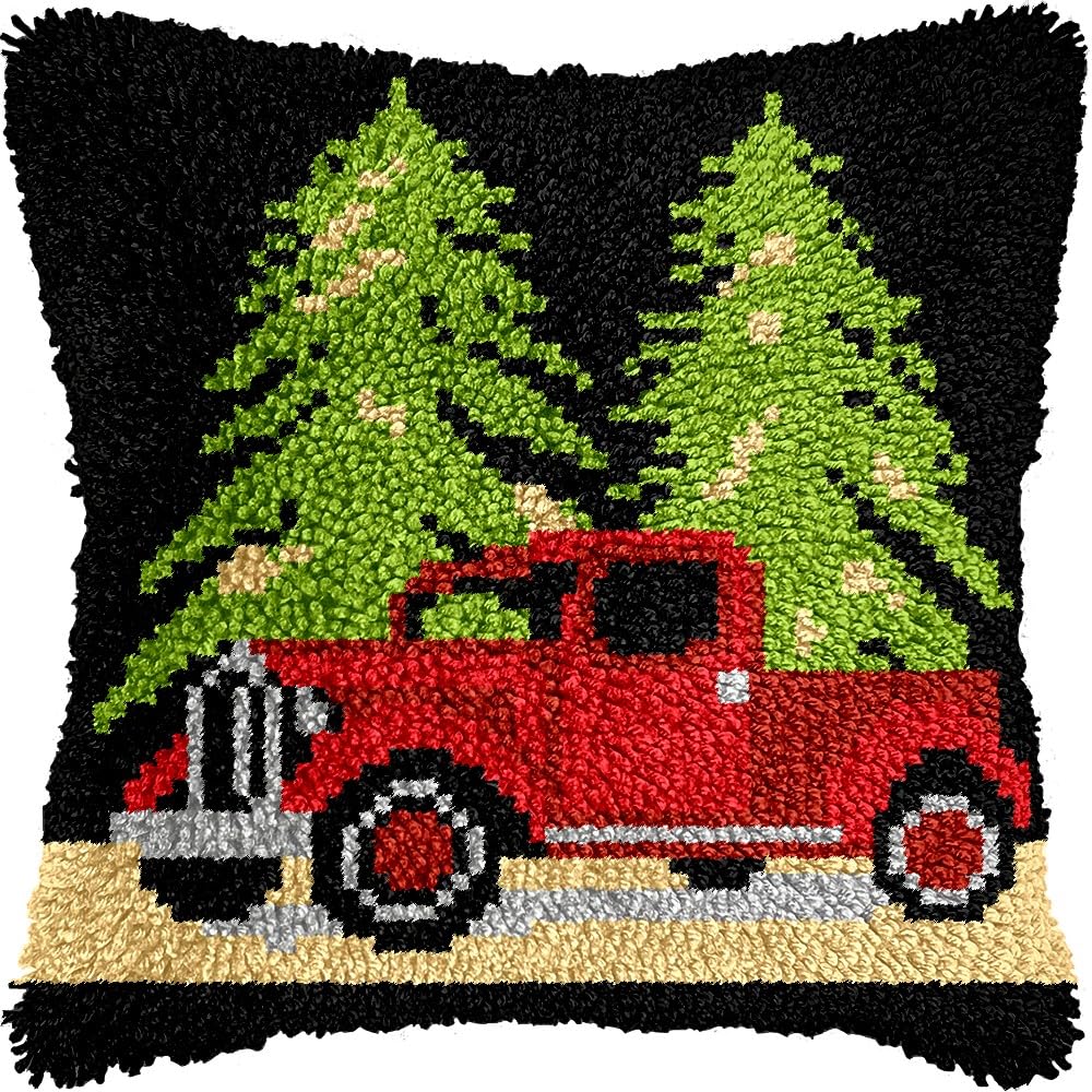 Christmas Trees Latch Hook Pillow Kits for DIY Throw Pillow Cushion Embroidery Latch Hooking Pillowcase Kits with Preprinted Canvas Crochet Yarn Kits for Home Decor 17''X 17''(d5)