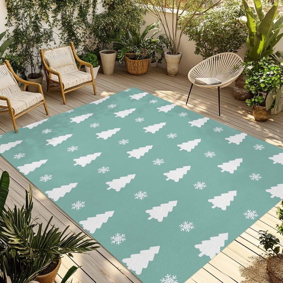 Christmas Trees Outdoor Rug for Patio/Deck/Porch, Non-Slip Large Area Rug 6 x 9 Ft, Xmas Snowflakes Winter Pine Tree Green Indoor Outdoor Rugs Washable Area Rugs, Reversible Camping Rug Carpet Runner