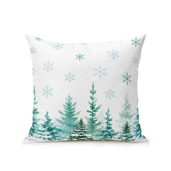 Christmas Trees Outdoor Throw Pillow with Insert, 16"x16" Winter Country Green Forest Pine Trees Snowflakes Waterproof Decorative Square Patio Pillows for Outside Furniture, Sofa, Porch, Garden