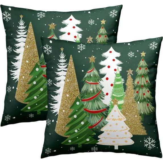 Christmas Trees Pillow Covers 16x16 Set of 2, Green Xmas Trees Snowflakes Decorative Throw Pillow Cases Double Sided Printed Cushion Cover for Sofa Couch Outdoor Home Decor