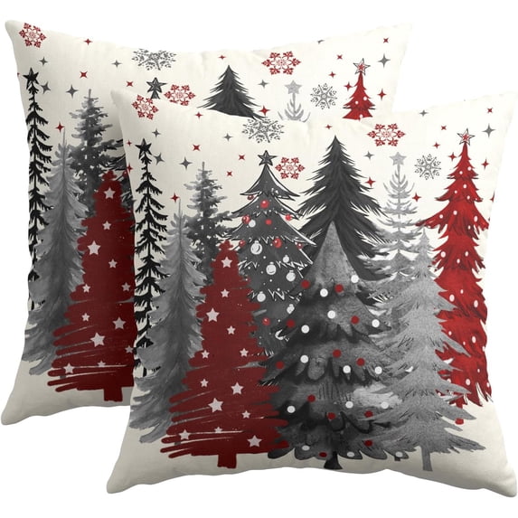 Christmas Trees Pillow Covers 18x18 Inch Red Gray and White Winter Tree Snowflake Decorative Throw Pillows Set of 2 Rustic Xmas Holiday Pillowcases for Couch Sofa Bed Home Decor