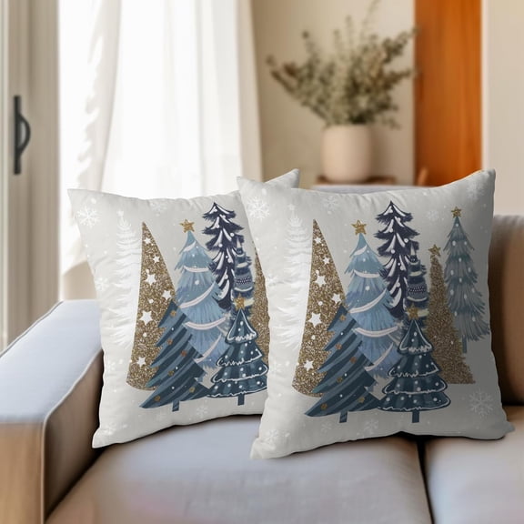 Christmas Trees Pillow Covers 20x20 Inches, Set of 2 Xmas Winter Seasonal Gold Blue Pine Tree Cotton Linen Cushion Pillowcase Farmhouse Sofa Couch Living Room Bedroom Decor