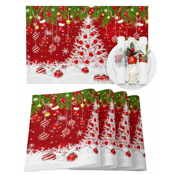 Christmas Trees Placemats Set of 4 Xmas Ball Green Leaf Winter Snowflake Red Heat Insulation Washable Place Mats, Rustic Non-Slip Table Mats for Dining Table Party Kitchen Decor,13x19 Inch