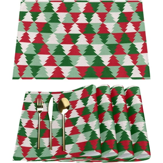 Christmas Trees Placemats Set of 6 Rectangle Table Mats Washable Heat-Resistant Place Mat for Kitchen Dining Table Decor Indoor Outdoor