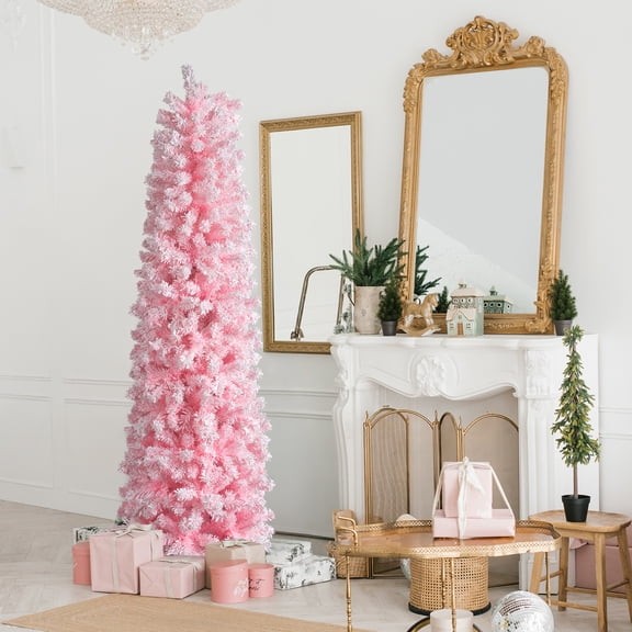 Segmart 7.5Ft Pink Snow Flocked Artificial Christmas Tree 641 Branch Tips Slim Pencil Design Flame-Retardant PVC Easy Hinged Assembly