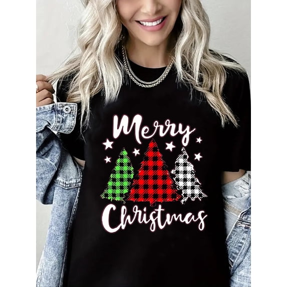 Christmas Trees Print Merry Christmas Shirt Short Sleeve Shirts for Women Black One-Piece
