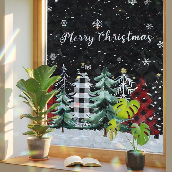 Christmas Trees Privacy Window Film, Decorative Stained Glass Window Film, Black Xmas Tree Snowflakes Winter Resuable Rainbow Static Cling for Home Bathroom Living Room Glass Door 23.6"x59"