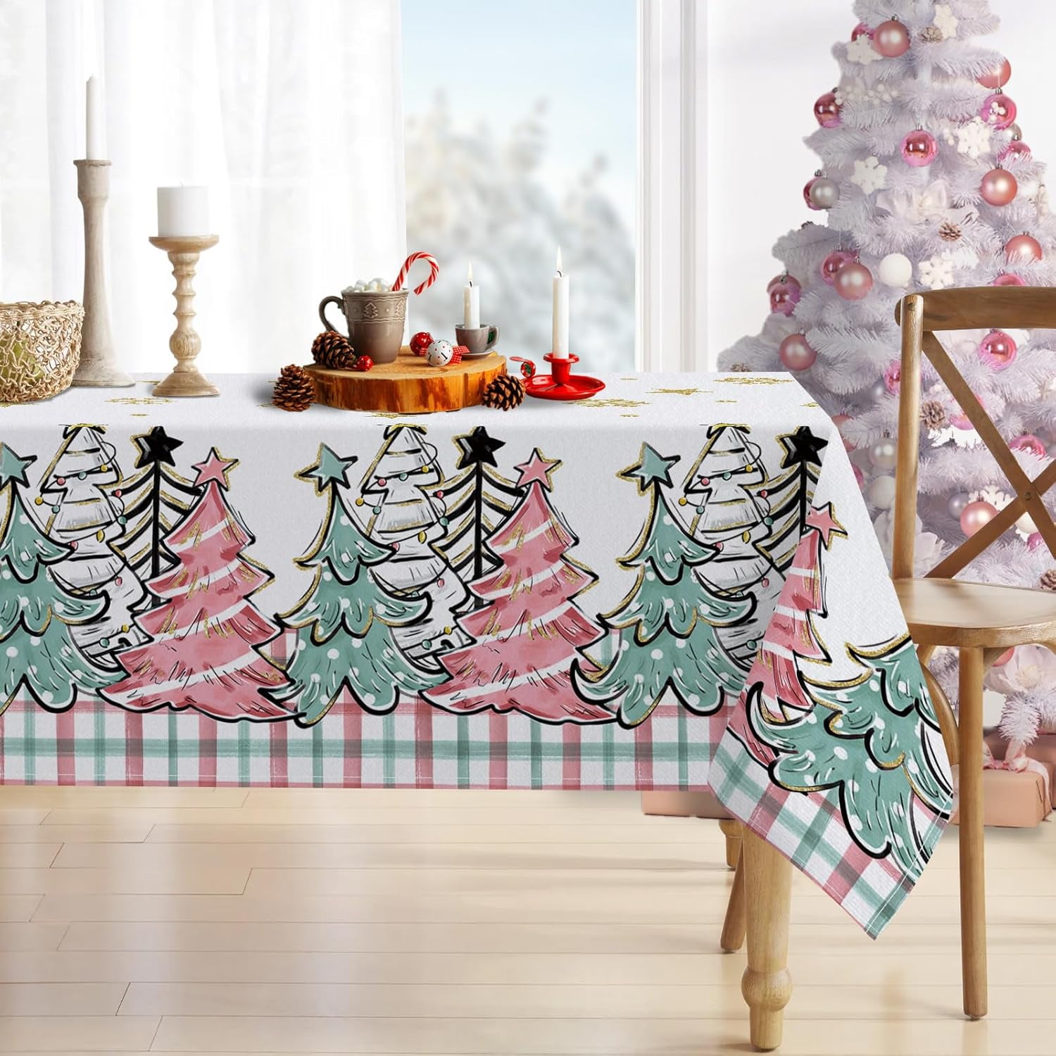Christmas Trees Rectangle Tablecloth 60 x 102 Inch, Pink Xmas
