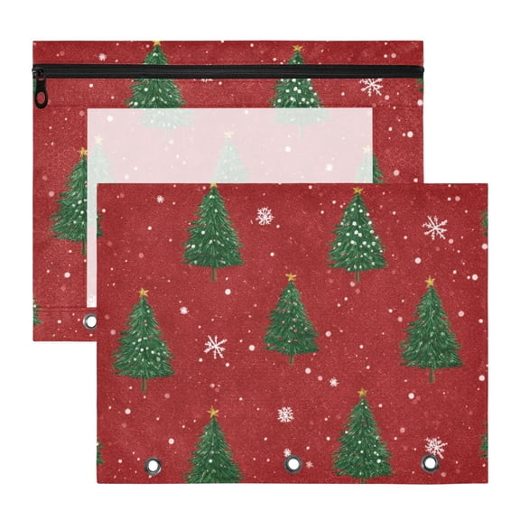Christmas Trees Red Background 3-Ring Binder Pocket with Zipper Pencil Pouches A4 Size File Storage 2 Packs