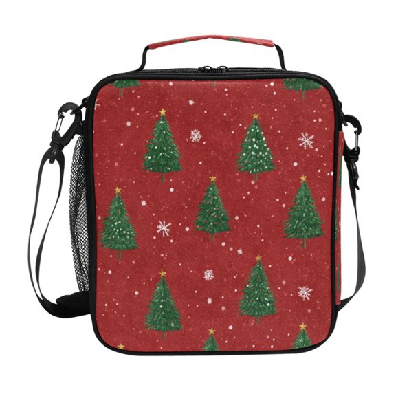 Christmas Trees Red Background Insulated Lunch Bag Reusable Lunch Box Lunch Container with Straps