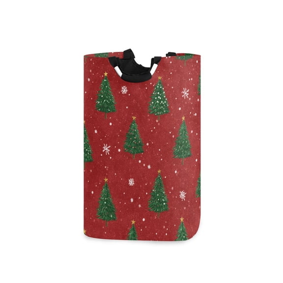 Christmas Trees Red Background Laundry Basket with Handles Foldable Laundry Hamper Freestanding Washing Bin 50L