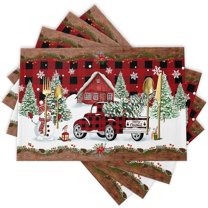 Christmas Trees on Red Truck Table Placemats Set of 4 Washable Burlap Placemats Xmas Snowman Black Plaid Non-Slip Insulation Tables Mats Set for Kitchen Dining Table Decoration 12x18 Inch