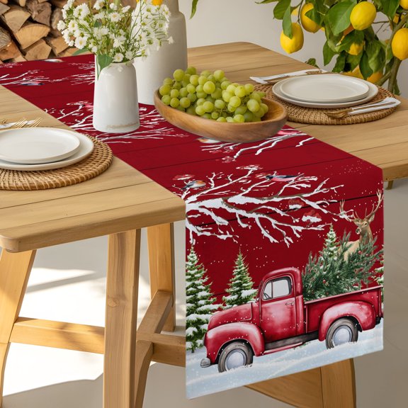 Christmas Trees on Red Truck Table Runner 13x48in Non-Slip Cotton Linen Table Runners, Winter Bird on Twigs Dresser Scarves TableRunner for Dinner Kitchen Dining Wedding Party