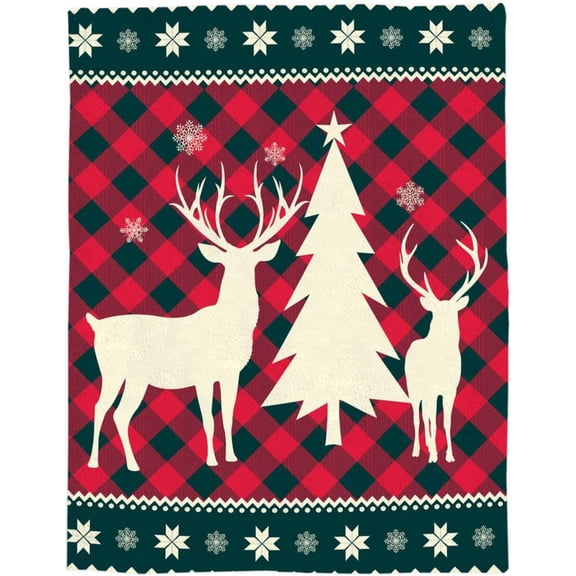 Christmas Trees Reindeer Elk Throw Blankets, Red Holiday Buffalo Checkered Plaid Soft Fleece Blanket Decorative for Home Sofa Couch Chair Living Bedroom,60x80 inches, Farmhouse