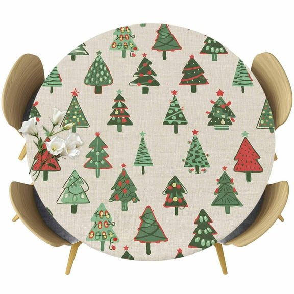 Christmas Trees Round Tablecloth 45-54 Inch Round Fitted Table Cloth with Elastic Edge, Winter Farmhouse Retro Beige Rustic Waterproof Table Cover Protector for Outdoor Picnic Party Dining