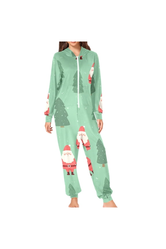 Christmas Trees Santa Claus Adult's Hoodie Onesie Jumpsuit One-Piece Pajamas with Zipper Unisex for Holiday S