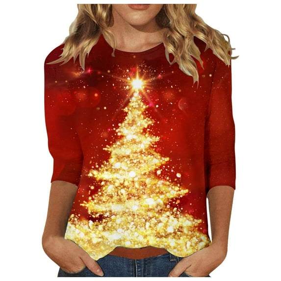 Christmas Trees Shirts for Women Funny Snowflake Print Long Sleeve Crewneck Loose Fit Pullover Tees Xmas Vacation Fashion Tunic Tops