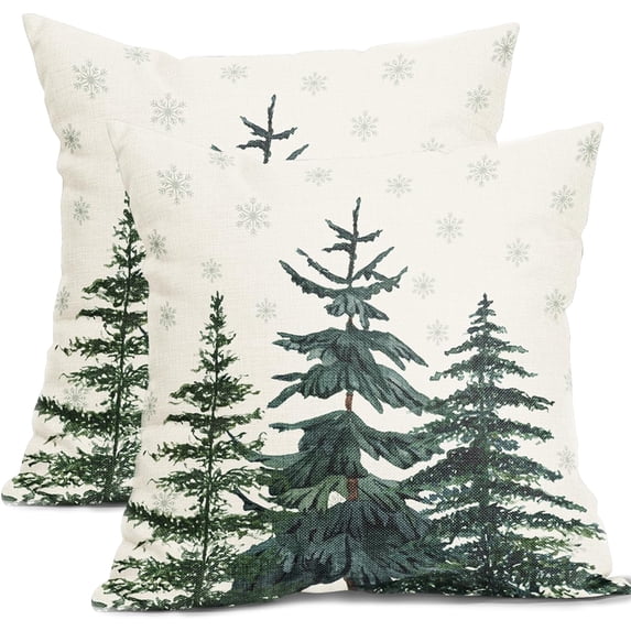 Christmas Trees Snowflake Pillow Covers 18x18 Inch 2 Pack Winter Forest Green Christmas Throw Pillow Covers Winter Holiday Pillowcases Cotton Linen Cushion Covers For Couch Bed Sofa Chair Car Decor