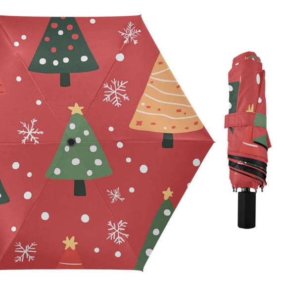 Christmas Trees Snowflakes Dots All Weather Umbrella Triple Folding Parasol 6 Ribs UV Protection Portable