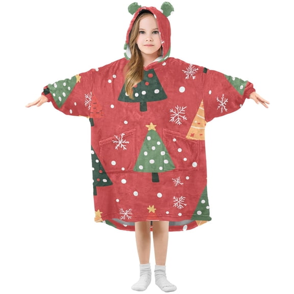 Christmas Trees Snowflakes Dots Flannel Wearable Blankets Hooded Design Long Sleeves Wrap Unisex for 3T-14Y S