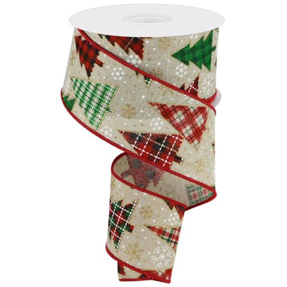 Christmas Trees Snowflakes Red Green Black Beige Wired Ribbon 2.5" X 10Yd