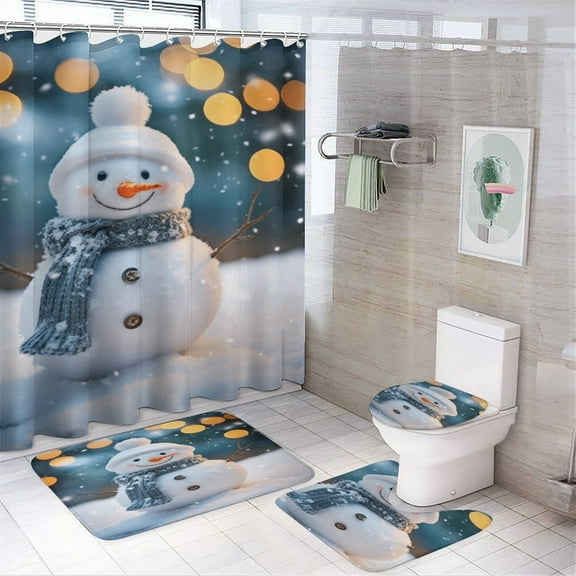 Christmas Trees, Snowmen 4 Piece Shower Curtain Sets, Non-Slip Rugs, Toilet Lid Cover And Bath Mat, for Bathroom Decor Set, 72" X 72"