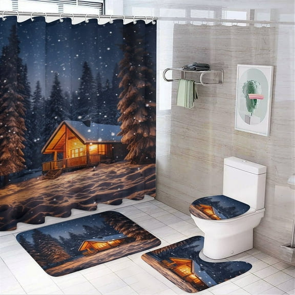 Christmas Trees, Snowmen 4Pcs Shower Curtain Set Shower Curtain Set with Carpet Bath Mat