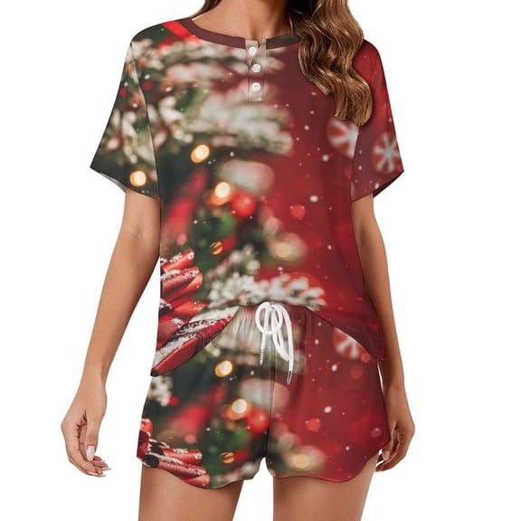 Christmas Trees, Snowmen Pajama Set for Women 2 Piece Sleepwear Loungewear Short Sleeve