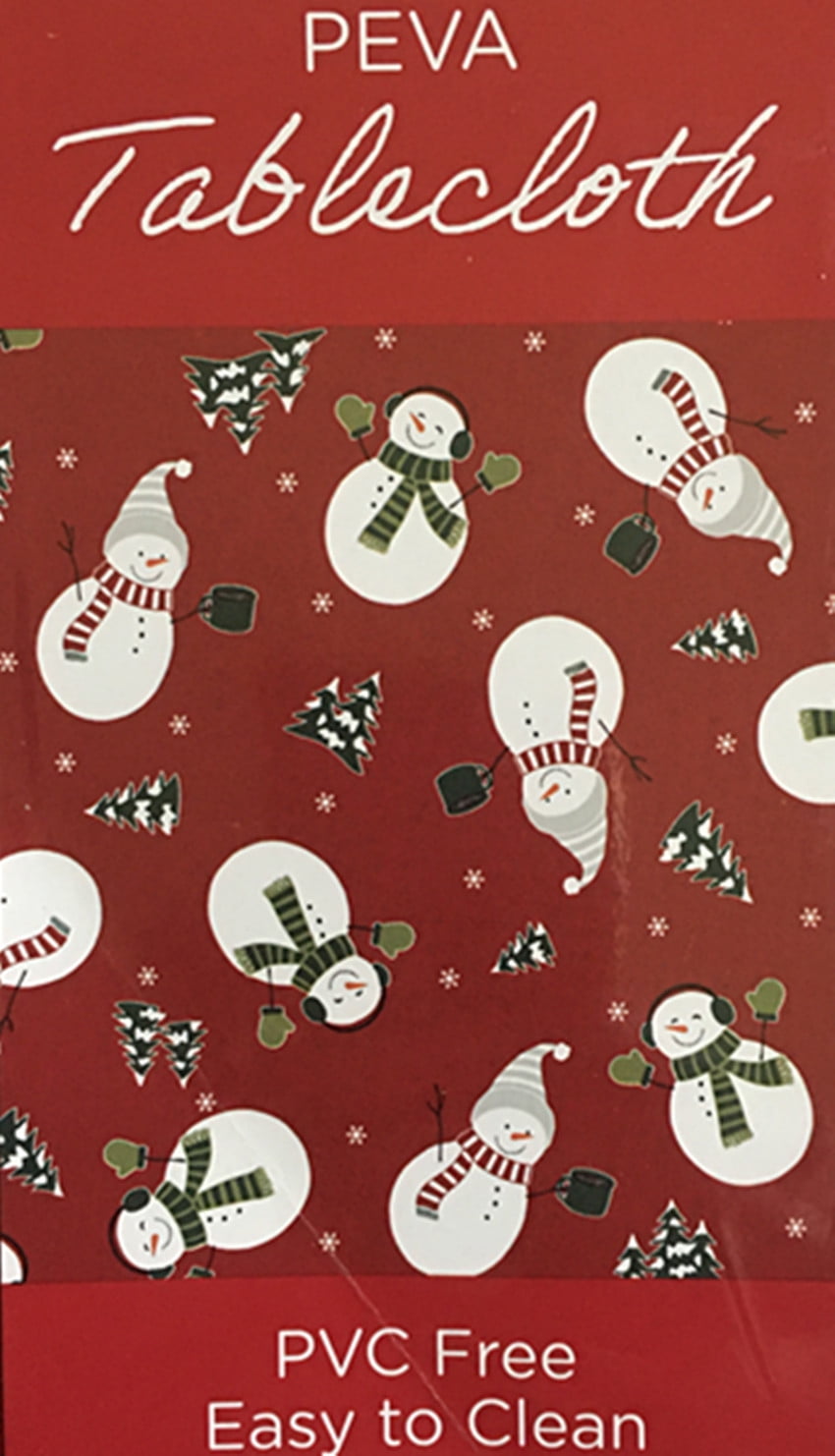 Christmas Trees Snowmen Snowflakes on red PVC Free PEVA Vinyl