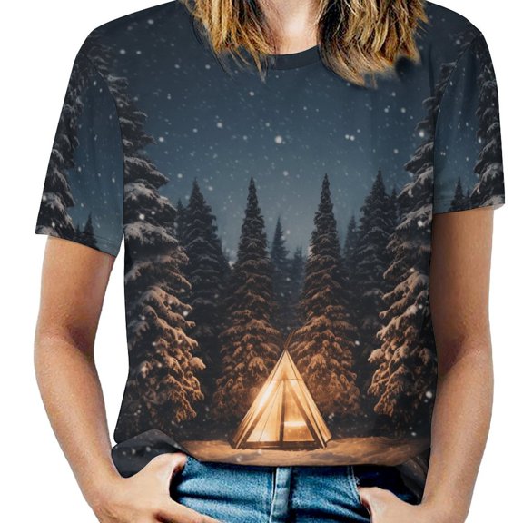 Christmas Trees, Snowmen Women's T-Shirt Short Sleeve T Shirts Tops Tee Ladies Loose T