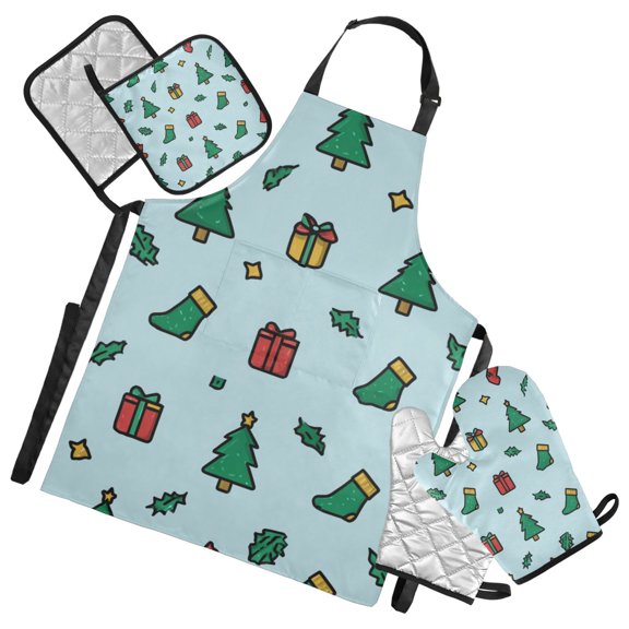 Christmas Trees Socks Presents Leaves Simple Vectors Apron Set with Oven Mitts Pot Holders Set of 5 Kitchen Stuff Accessories