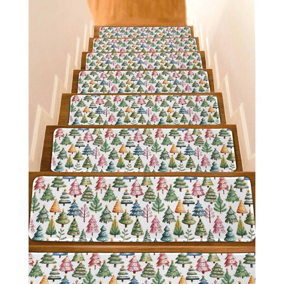Christmas Trees Stair Treads for Wooden Steps Indoor Runner Rug Carpet, Winter Xmas Colorful Pine Branch Plant 15 Pieces Peel and Stick Staircase Step Treads Covers Washable Throw Door Mats, 30"x8"