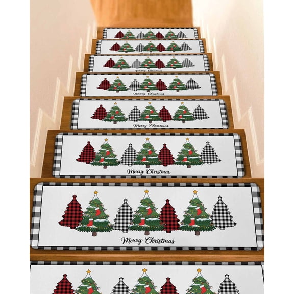 Christmas Trees Stair Treads for Wooden Steps Indoor Runner Rug Carpet,Xmas Winter Plaid Pine Wooden Grain Black 4 Pieces Peel and Stick Staircase Step Treads Covers Washable Throw Door Mats,30"x8"